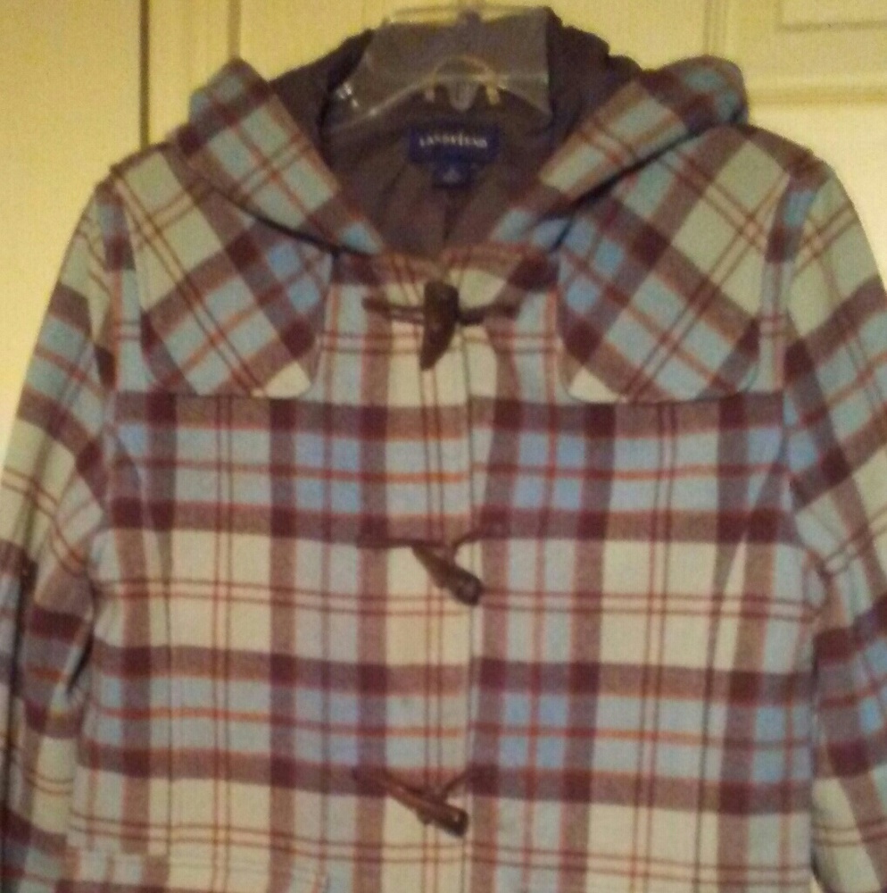 Wool coat Ladies Land's End Brown/Blue plaid